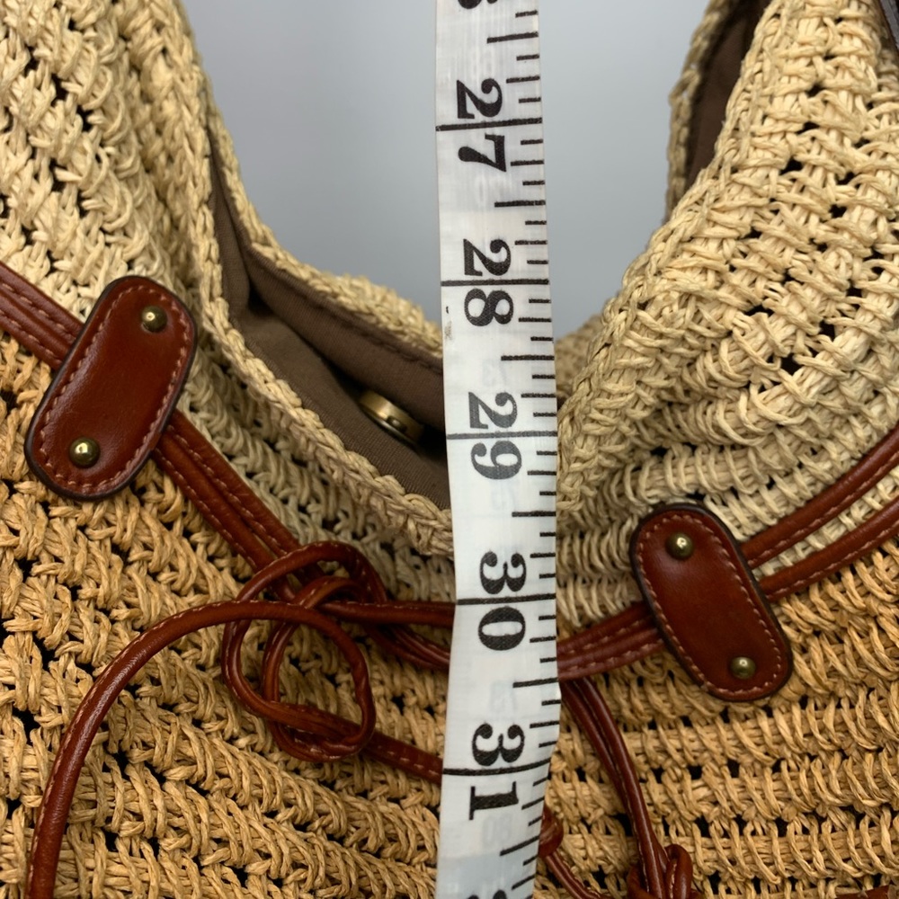 Lucky brand Boho straw rattan brown drawstring bucket bag charm-leather straps - Picture 12 of 16